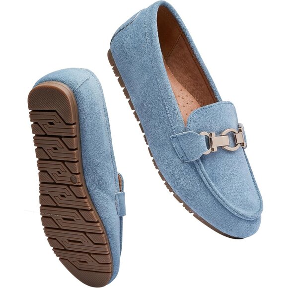 Womens Light Blue Fabric Slip On Comfort Chunky Heel Lug Sole Loafers Shoes - Picture 8 of 9
